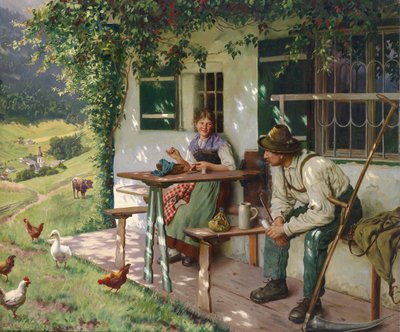Jovem casal em frente a uma fazenda na Alta Baviera, assinado E. Rau, Munique, óleo sobre tela, 110 x 132,5 cm de Emil Rau